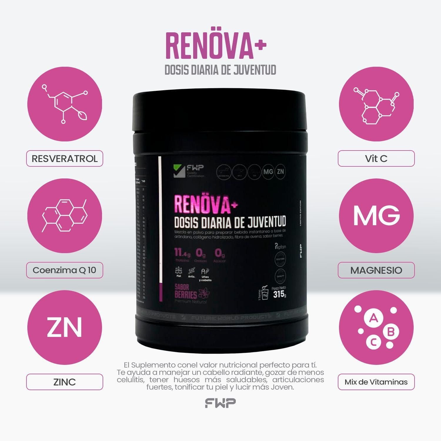 SUPLEMENTO RENOVA+ DOSIS DIARIA DE JUVENTUD X 315gramos SABOR BERRIES.