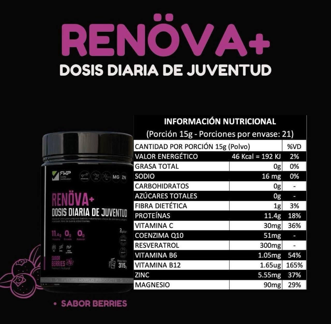 SUPLEMENTO RENOVA+ DOSIS DIARIA DE JUVENTUD X 315gramos SABOR BERRIES.